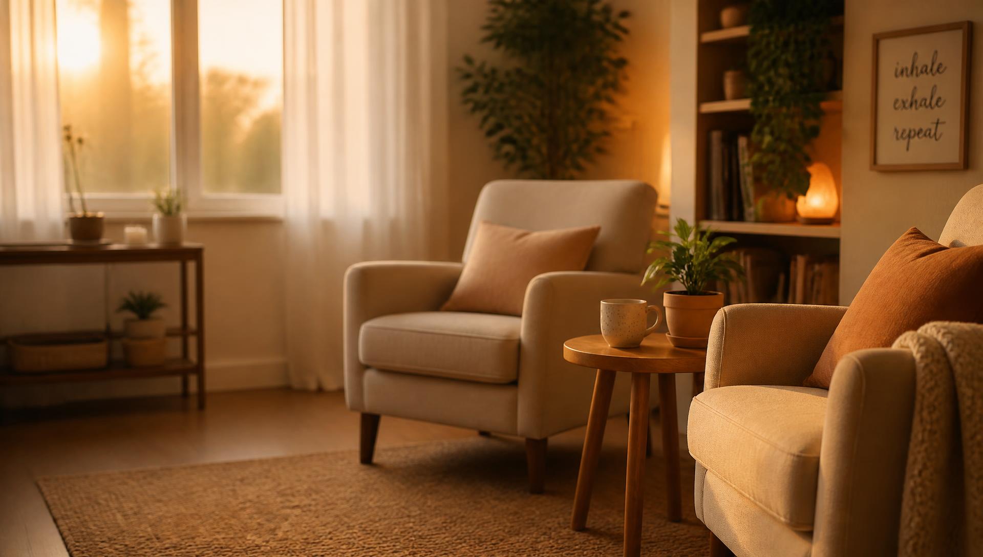 Two chairs facing each other in a warm, sunlit room